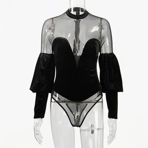 Mesh Patch Lantern Sleeve Velvet Bodysuit